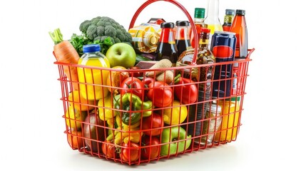 Wall Mural - Shopping basket full of variety of grocery products, food and drink isolated on white background.