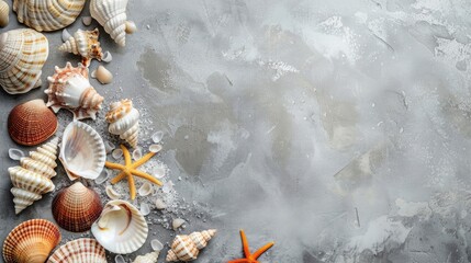 Sea shells on gray background Summer theme with shells flat lay and copy space