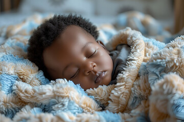 Wall Mural - sleepy swaddled African-American newborn baby boy laying on a blue rug in a basket with copy space