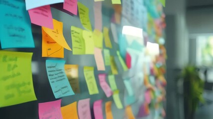 Poster - Colorful sticky notes with handwritten messages on a glass wall in an office. Creative and dynamic workspace. Ideal for brainstorming sessions and project planning concepts
