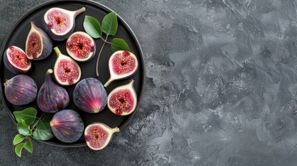 Wall Mural - Autumn harvest Fresh figs on black plate against concrete backdrop