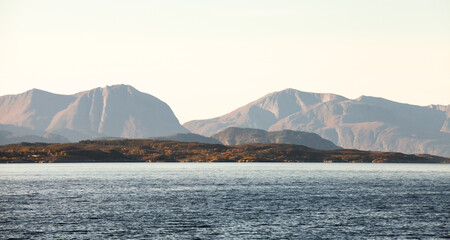 Wall Mural - Coastal mountains, natural panoramic photo. Norwegian landscape