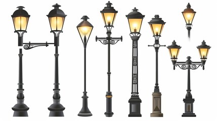 Urban outdoor lighting. Old streetlamp electric power, ornamental town lamp post design, and electric street lamp icons. Vector set. Streetlight post made of metal that looks realistic