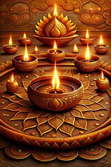 Wall Mural - Golden diyas are burning brightly, illuminating the scene with a warm glow, creating a festive and spiritual ambiance for the diwali festival