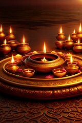 Wall Mural - Golden diya lamps burning brightly on a decorative tray, casting a warm glow for diwali celebration in india. Perfect for festive designs capturing the essence of hope and happiness