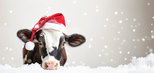 Black and white cow wearing a red Santa hat in a snowy setting with a light background and falling snowflakes