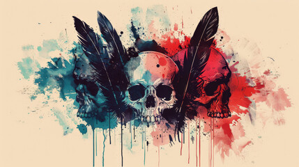 Wall Mural - abstract depiction of feathers and skulls in a balanced, minimalist design, using a limited color palette to emphasize the elements