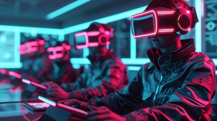 Poster - Futuristic classroom with students using holographic tablets and VR headsets, neon lighting, sleek design, cutting-edge technology, focus cover all object, deep dept of field