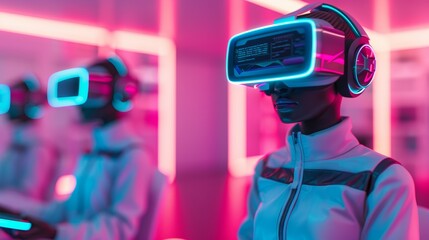 Poster - Futuristic classroom with students using holographic tablets and VR headsets, neon lighting, sleek design, cutting-edge technology, focus cover all object, deep dept of field