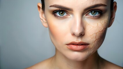 Woman with dry skin on face against light grey background, closeup