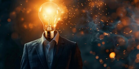 Innovative Businessman with Glowing Light Bulb Head