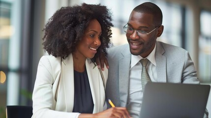 Wall Mural - Male business professional and female coworker talking and working on laptop in office