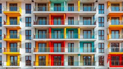 The facade of a contemporary urban apartment building in Krasnaya Polyana, Sochi, Krasnodar Krai, Russia, features a row of windows and multiple balconies.