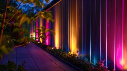 Vibrant outdoor garden lights illuminating a modern fence, creating a colorful and tranquil ambiance during the evening.