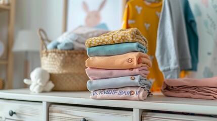 Wall Mural - Baby clothes piled atop a chest of drawers in a chic kids' room