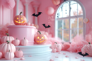 Wall Mural - A room with a pink theme and Halloween decorations