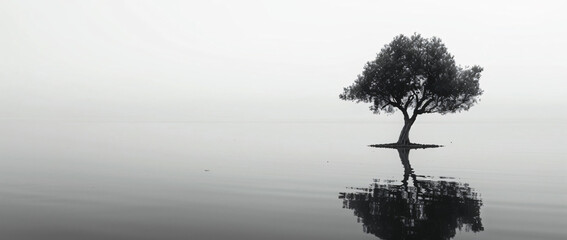 Poster - black and white photography of lonely tree on the shore of lake, reflection in water, long exposure, high resolution, hyper realistic, wide angle


