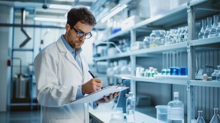 Scientist in a lab coat taking notes on a clipboard in a modern laboratory filled with scientific equipment and glassware.