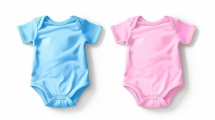 Wall Mural - Vector realistic blank baby bodysuit template in blue and pink, isolated on white for mock-up and close-up. Sides Ahead and Back. Baby shirt, onesie, body children.  Top view 