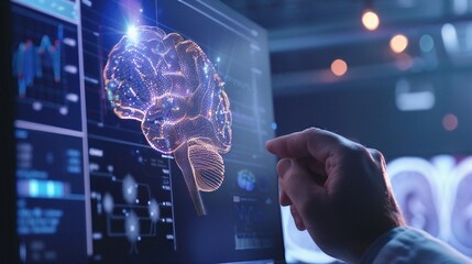 Innovative technology in neurosciences and artificial intelligence with a holographic brain model on a touchscreen in a research lab.