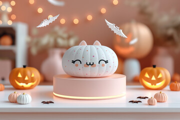 Wall Mural - A cute cat is sitting on a pedestal in front of a pumpkin