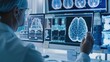 © stockpro - Doctor analyzing brain scans on multiple computer monitors, in a high-tech medical environment focusing on neurology and health care.