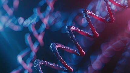 Wall Mural - Close-up of a DNA strand with a futuristic and neon light effect, focusing on genetic science and molecular structure in biotechnology.