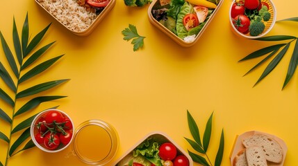 lunch boxes from food delivery with beverages on a yellow background