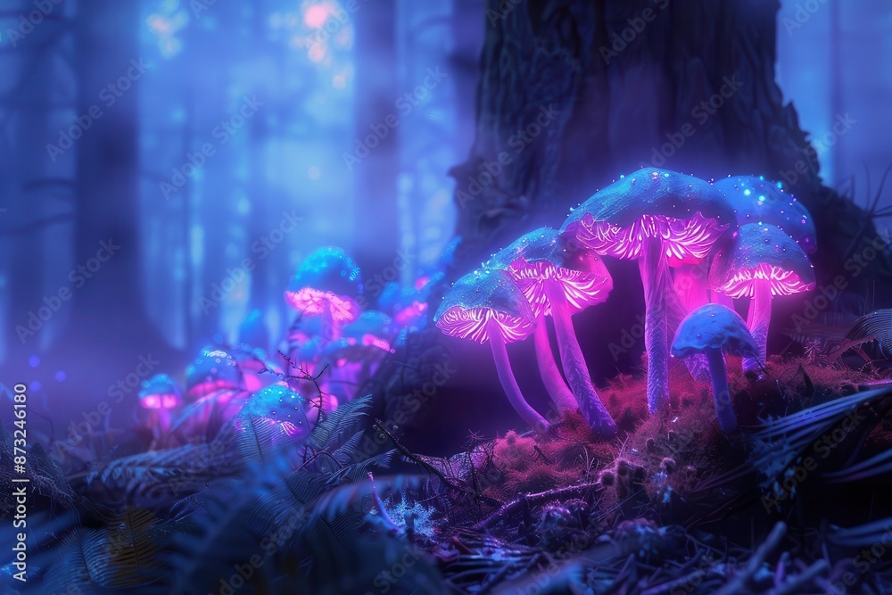 enchanted forest scene with glowing bioluminescent mushrooms surreal ...