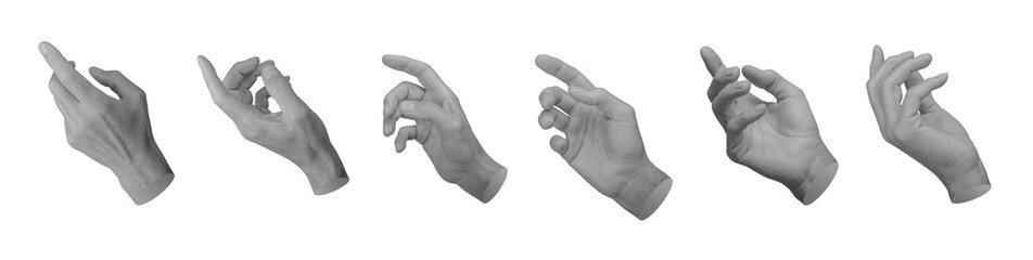 Wall Mural - Index finger pointer pointing, indicating, showing, reaching out, tapping, clicking from different angles, set, hand sign isolated on white background., transparent PNG cutout