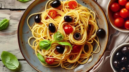 Poster - Plate of Spaghetti with Olives and Tomatoes  on a Wooden Table Shot from Above