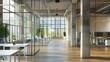 © Ariestia - Modern office interior with glass walls, wooden flooring, and large windows overlooking city