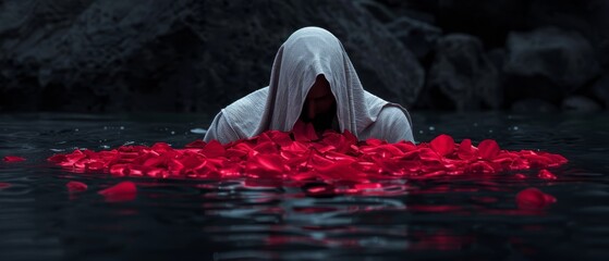 Canvas Print -  A hooded figure floats in a red rose-petal-covered body of water, petals dotting its surface