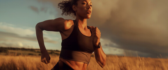 Wall Mural - Black woman running on trail at sunset wearing fitness tracker smart watch
