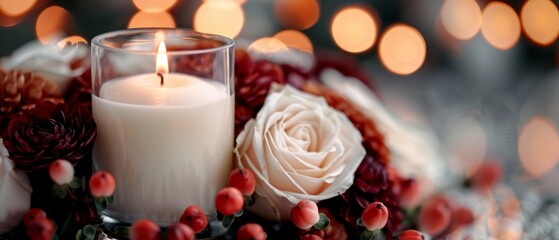 Sticker -  A white candle atop a table, near red and white pomegranates