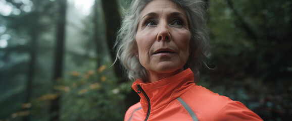 Wall Mural - Lifestyle portrait of fit athletic mature woman wearing raincoat and hiking on rainy forest trail, cloudy overcast day