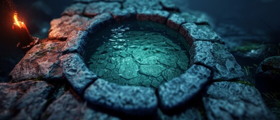 Wall Mural -  A tight shot of a rock-encircled pool reflecting in the stillness of the night, with a fire pit glowing at its heart