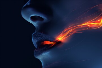 Poster - Close-up of a woman's lips with fiery light, dark background, intense and dramatic, digital photography.