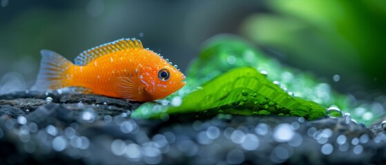 Wall Mural -  A goldfish up-close on a submerged rock Green leaf in foreground, water droplets behind