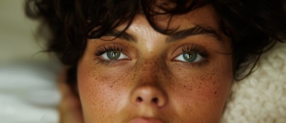  A close-up of a woman's face with freckled hair and freckled eyes (Use freckled once, no need to repeat it in eyes