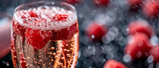 Poster -  A tight shot of a glass filled with liquid, adorned by strawberries resting atop its rim, and displaying water droplets gathered at the base