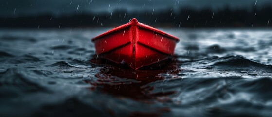 Wall Mural -  A red boat floats atop a stormy, dark sea, its surface dotted with ripples The sky overhead is cloudy and gray, the threatening clouds releasing occasional bolts of