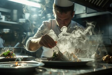 Wall Mural - gourmet chef plating intricate dish dramatic lighting steam rising gleaming stainless steel kitchen intense focus culinary artistry in action