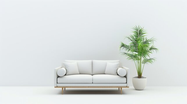 3D rendering of a modern interior furniture set featuring a sofa and a plant, isolated on a white background
