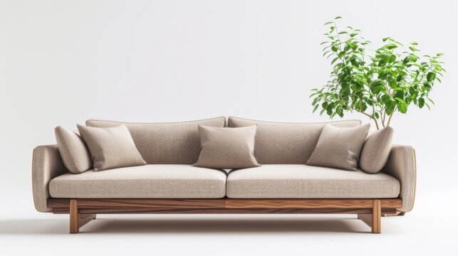 3D rendering of an interior decoration set featuring a sofa and a plant, isolated on a white background