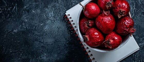 Wall Mural -  A red apple-filled bowl sits atop the table, near a notepad and steaming cup of coffee