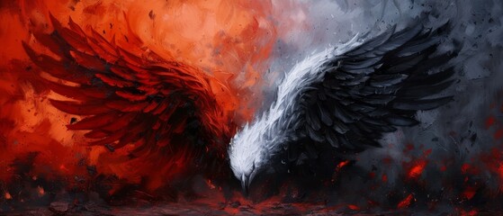  A painting of two contrasting wings - black and red - against a backdrop of a red and white smoky cloud