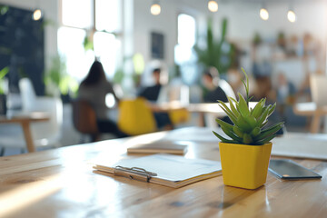 Bright Modern Office Workspace with Indoor Plant and Blurred People in Background