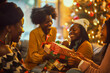 © smth.design - Joyful Friends Exchanging Gifts by Christmas Tree in Festive Holiday Gathering