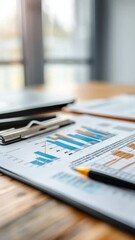 Poster - Close-up of financial charts and graphs on a desk with natural light from a window. Business analysis and data review concept. Ideal for financial planning and economic strategy content
